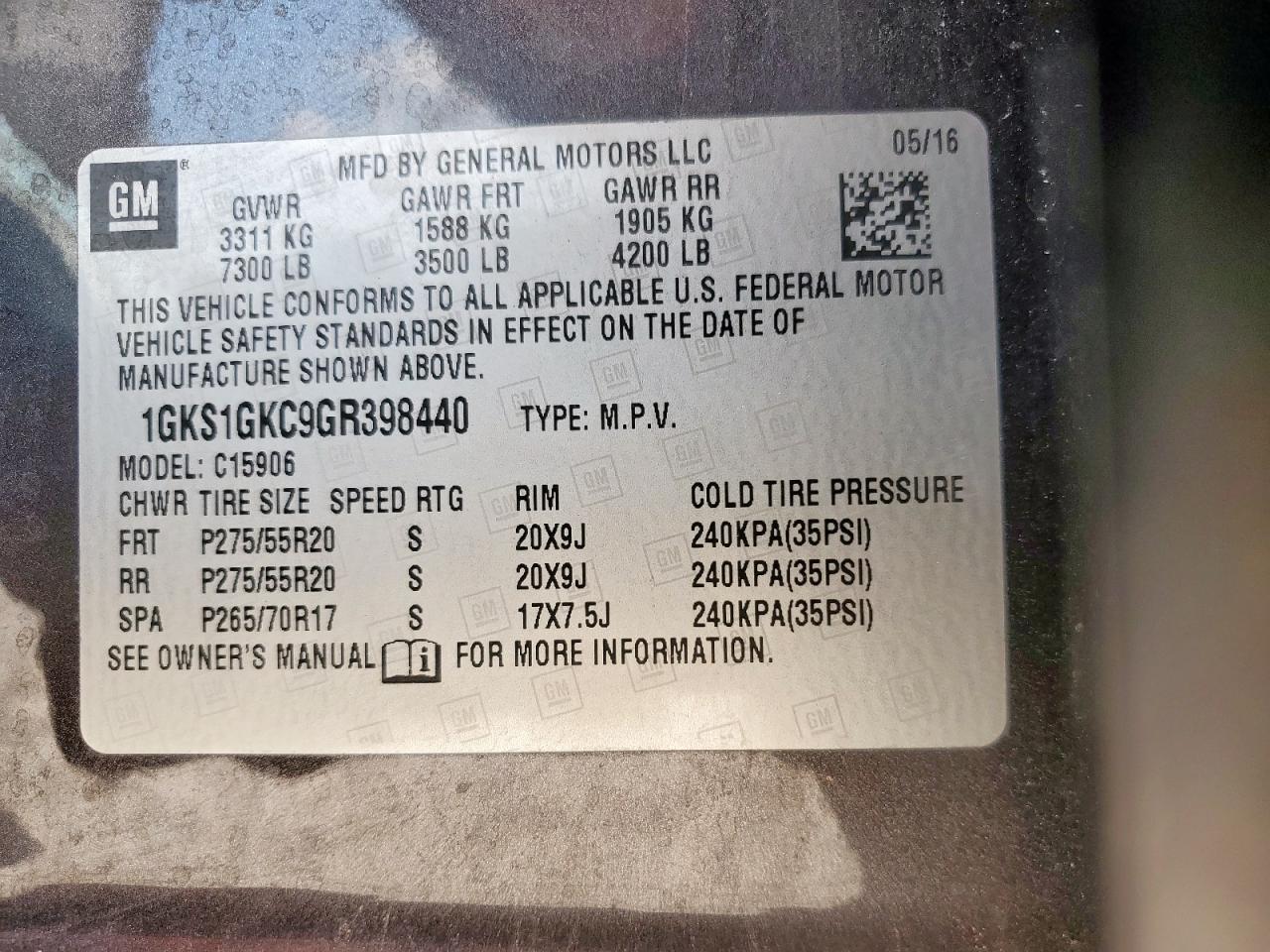 2016 GMC Yukon Xl C1500 Slt VIN: 1GKS1GKC9GR398440 Lot: 71630605