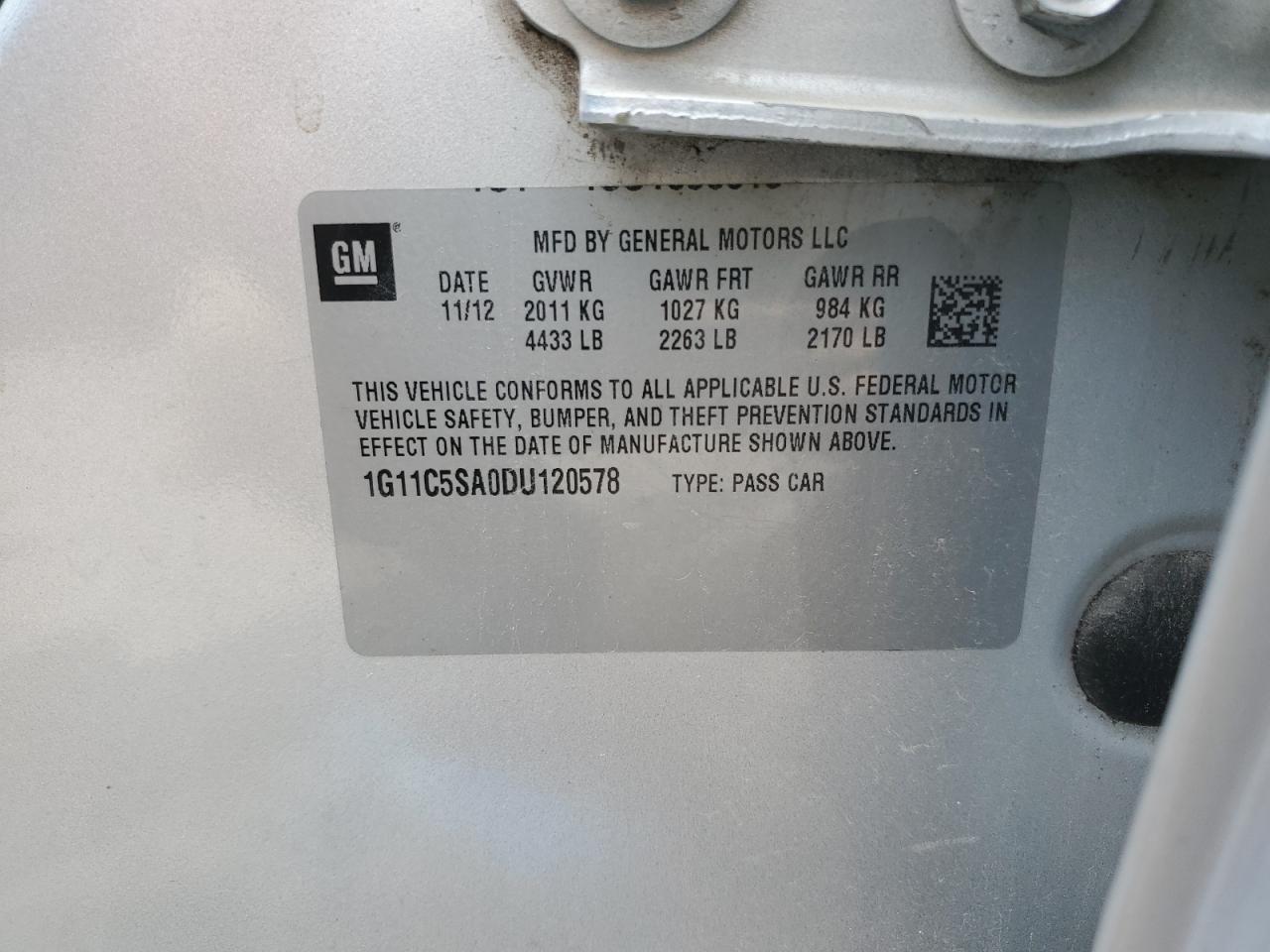 2013 Chevrolet Malibu 1Lt VIN: 1G11C5SA0DU120578 Lot: 71007745