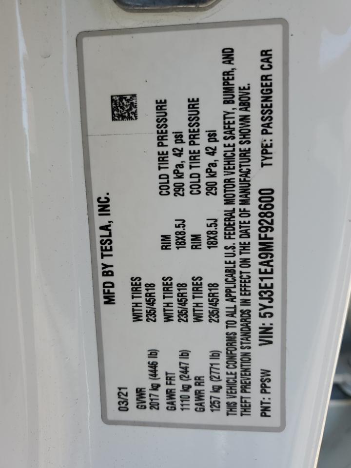 2021 Tesla Model 3 VIN: 5YJ3E1EA9MF928600 Lot: 80967365