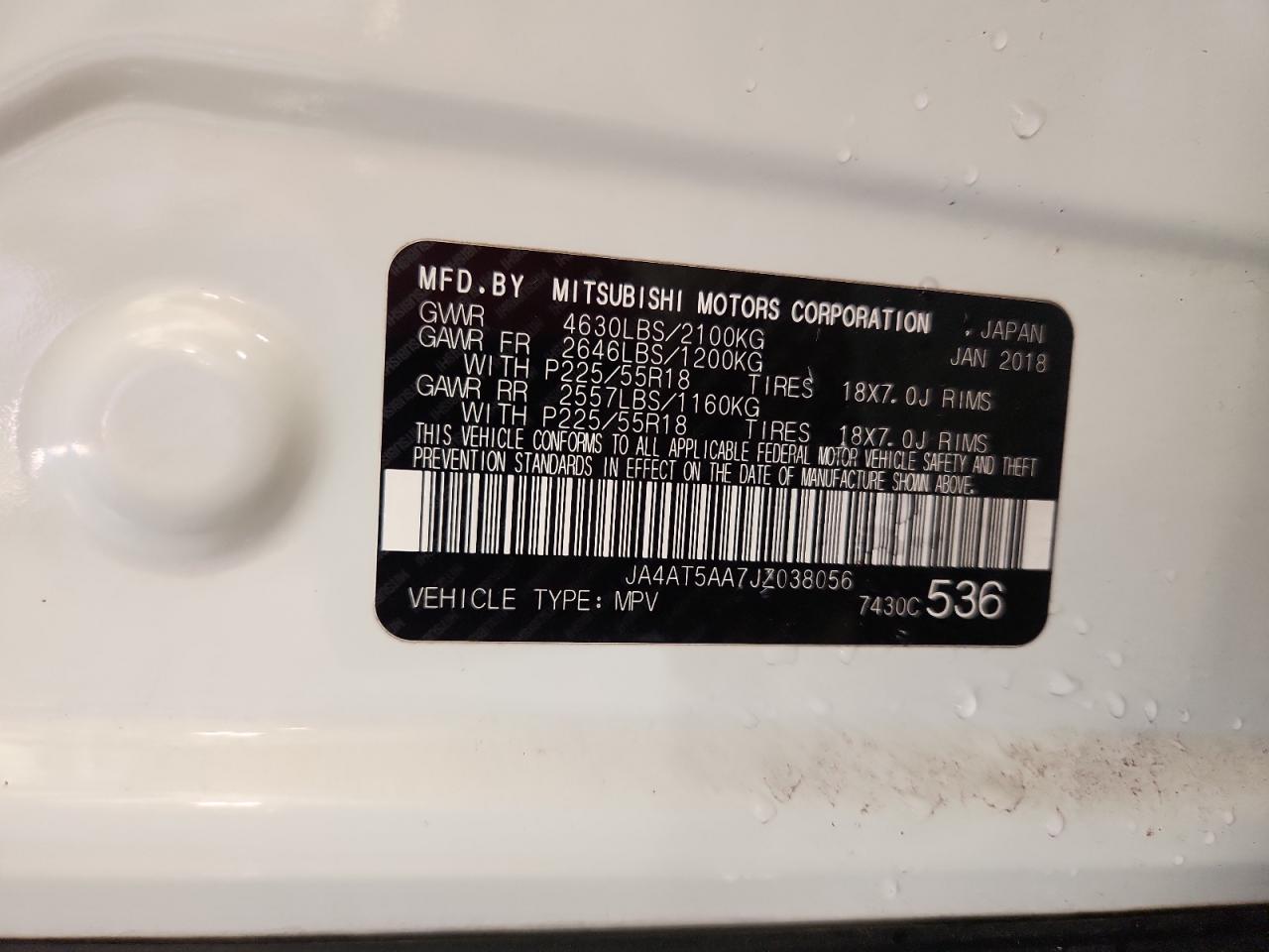 2018 Mitsubishi Eclipse Cross Se VIN: JA4AT5AA7JZ038056 Lot: 84410225