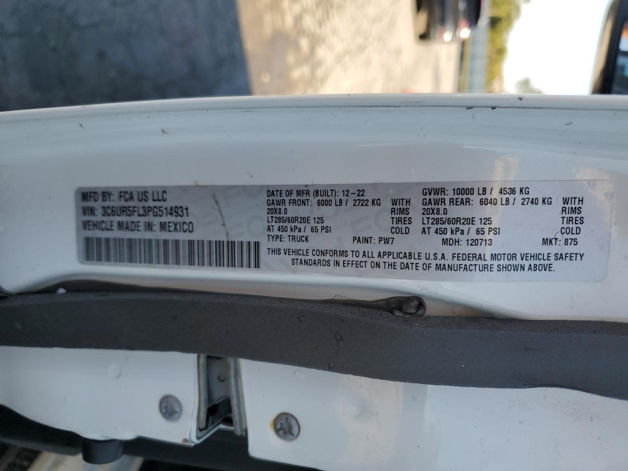 2023 Ram 2500 Laramie VIN: 3C6UR5FL3PG514931 Lot: 71702625