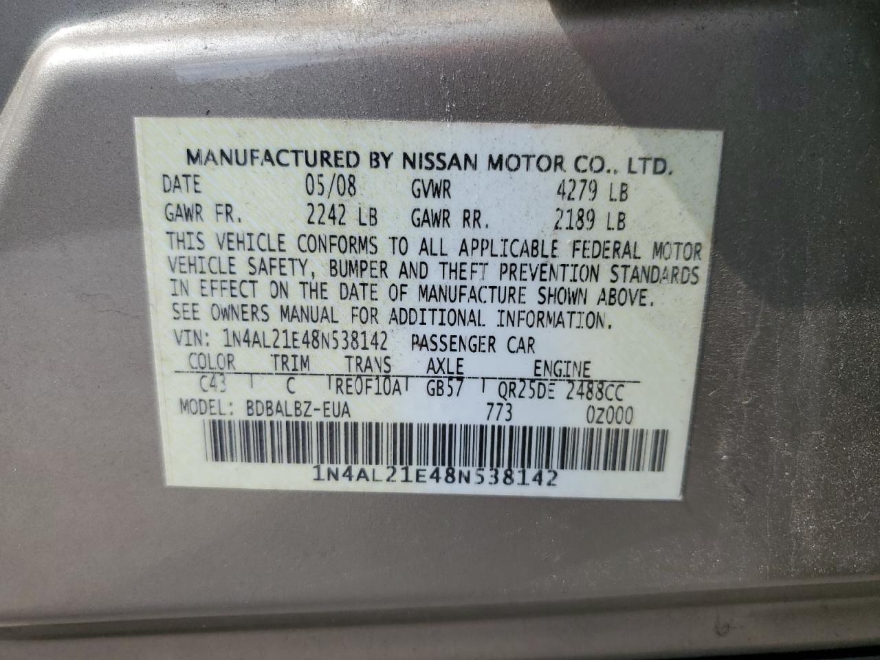 2008 Nissan Altima 2.5 VIN: 1N4AL21E48N538142 Lot: 84025805