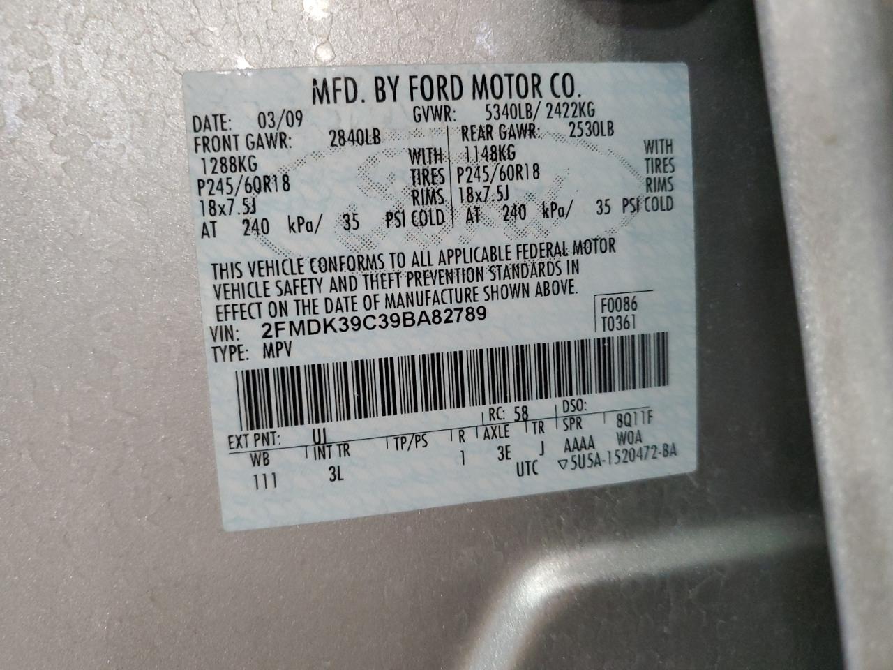 2009 Ford Edge Limited VIN: 2FMDK39C39BA82789 Lot: 70651155