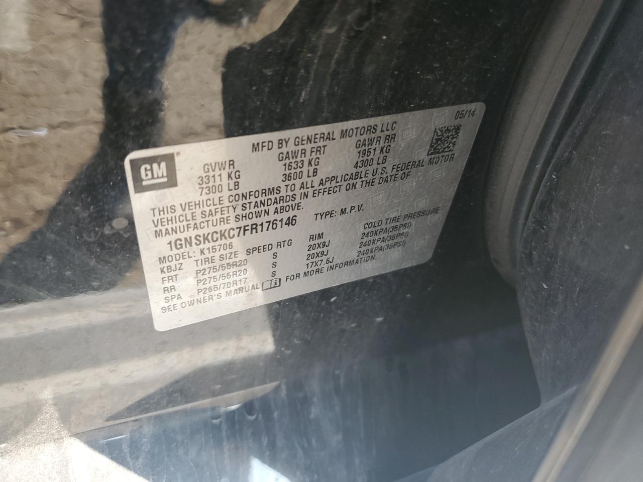 2015 Chevrolet Tahoe K1500 Ltz VIN: 1GNSKCKC7FR176146 Lot: 81622175