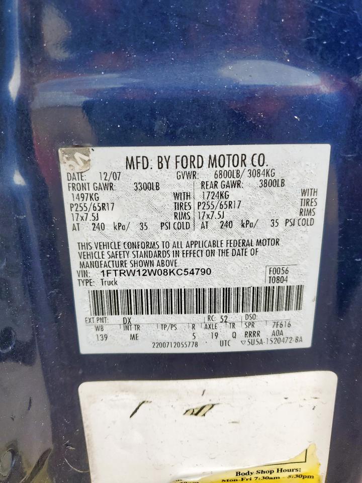 2008 Ford F150 Supercrew VIN: 1FTRW12W08KC54790 Lot: 81885485