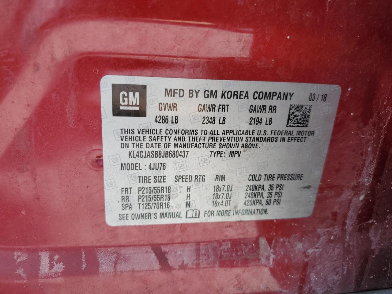 2018 Buick Encore Preferred VIN: KL4CJASB8JB680437 Lot: 82078225