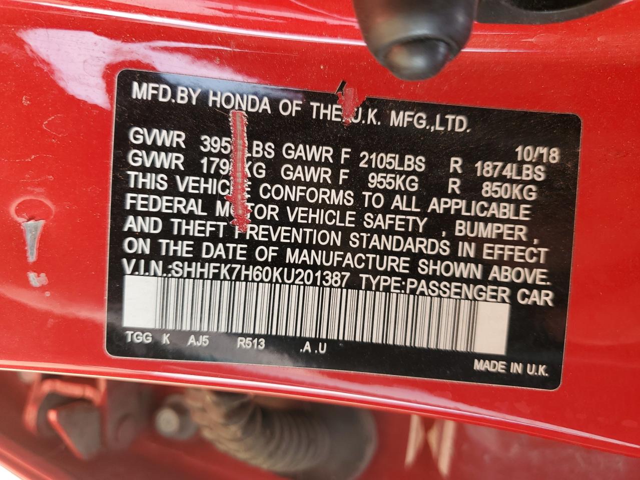 2019 Honda Civic Ex VIN: SHHFK7H60KU201387 Lot: 80390705