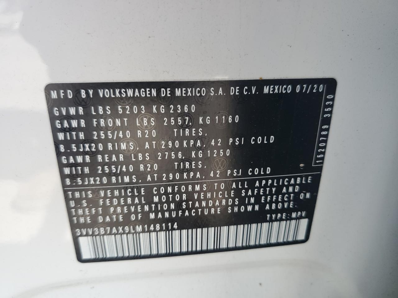 2020 Volkswagen Tiguan Se VIN: 3VV3B7AX9LM148114 Lot: 84705115