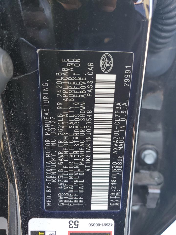 2022 Toyota Camry Xse VIN: 4T1K61AK1NU033548 Lot: 81586815