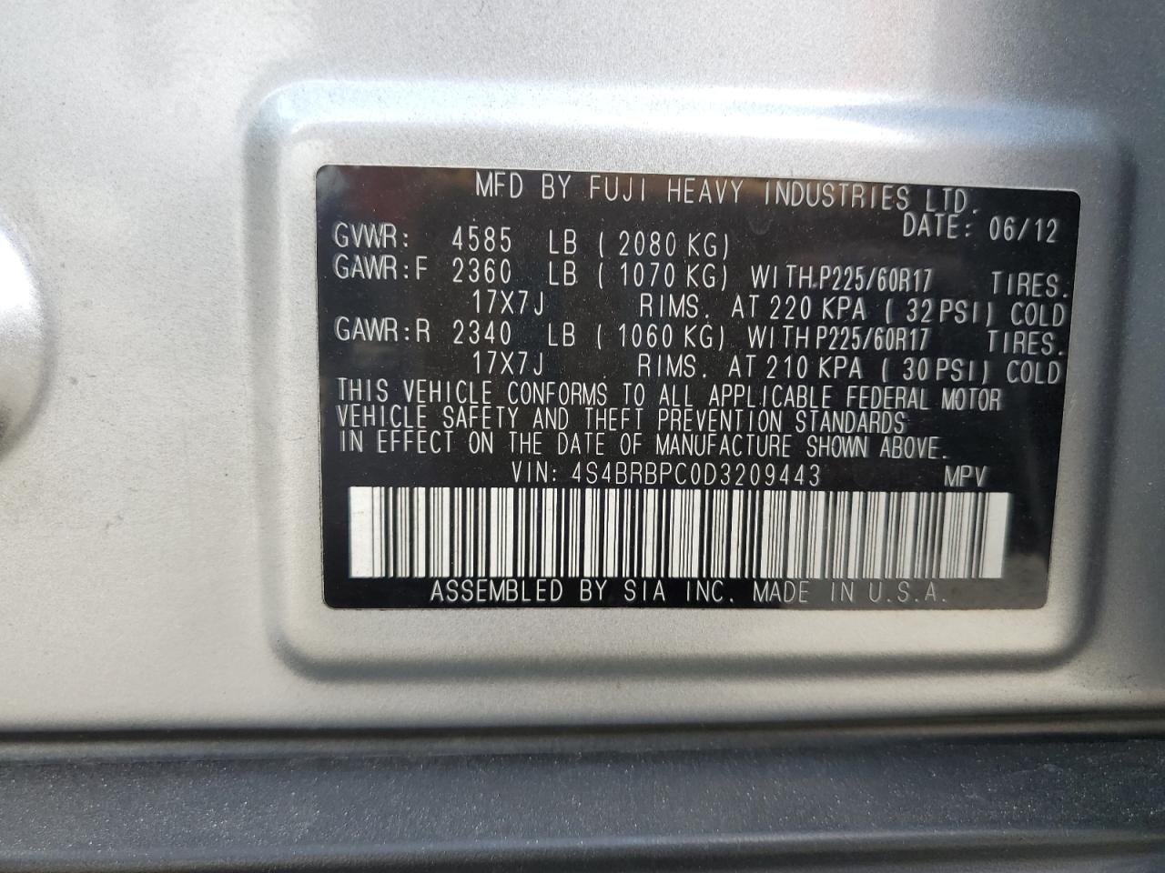 2013 Subaru Outback 2.5I Limited VIN: 4S4BRBPC0D3209443 Lot: 81665755