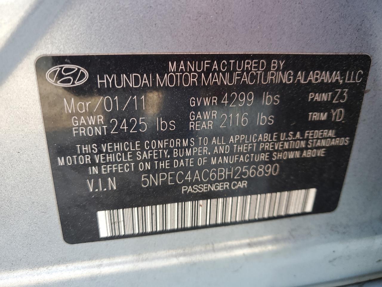 2011 Hyundai Sonata Se VIN: 5NPEC4AC6BH256890 Lot: 81233365