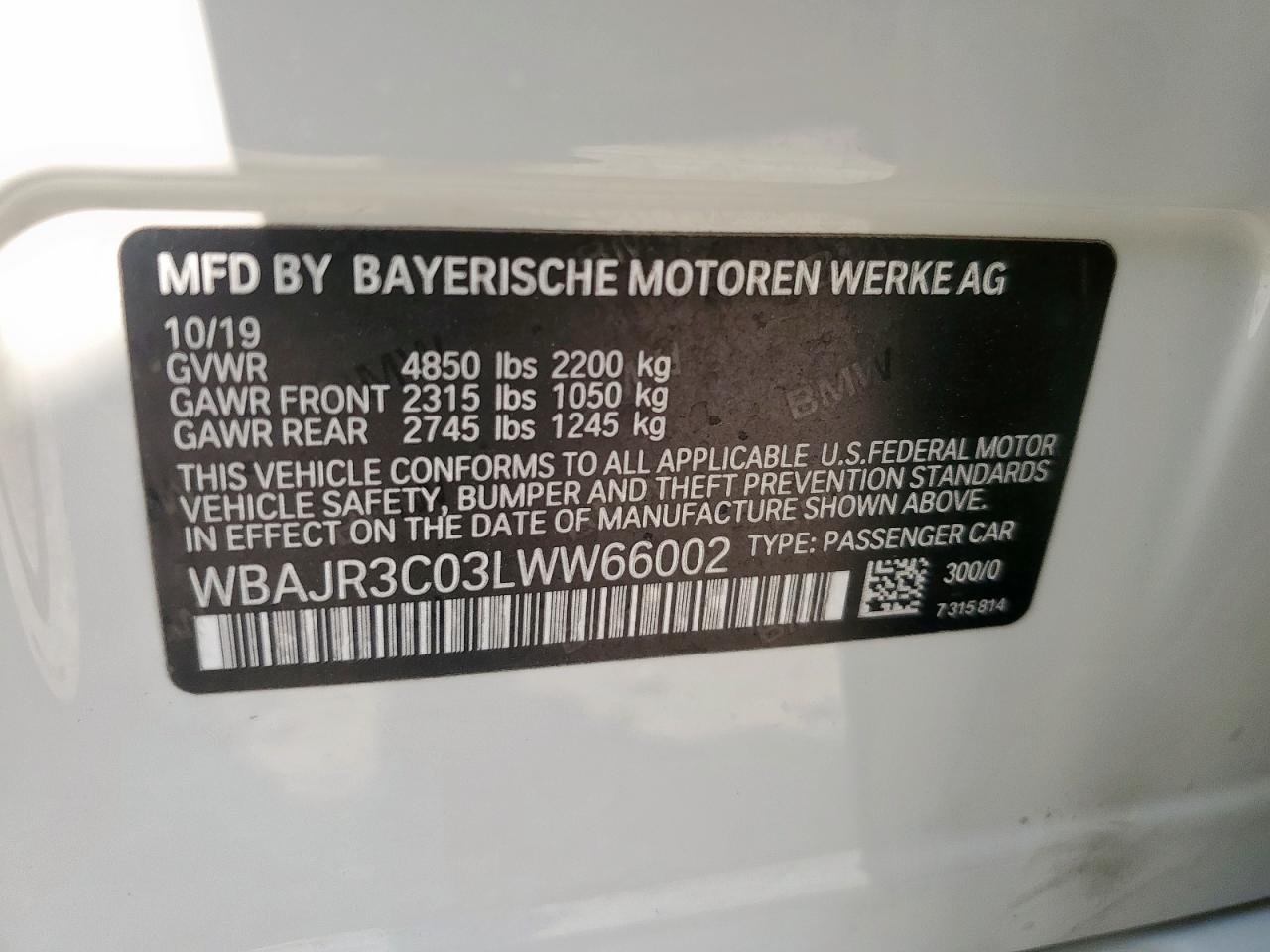 2020 BMW 530 I VIN: WBAJR3C03LWW66002 Lot: 72073375