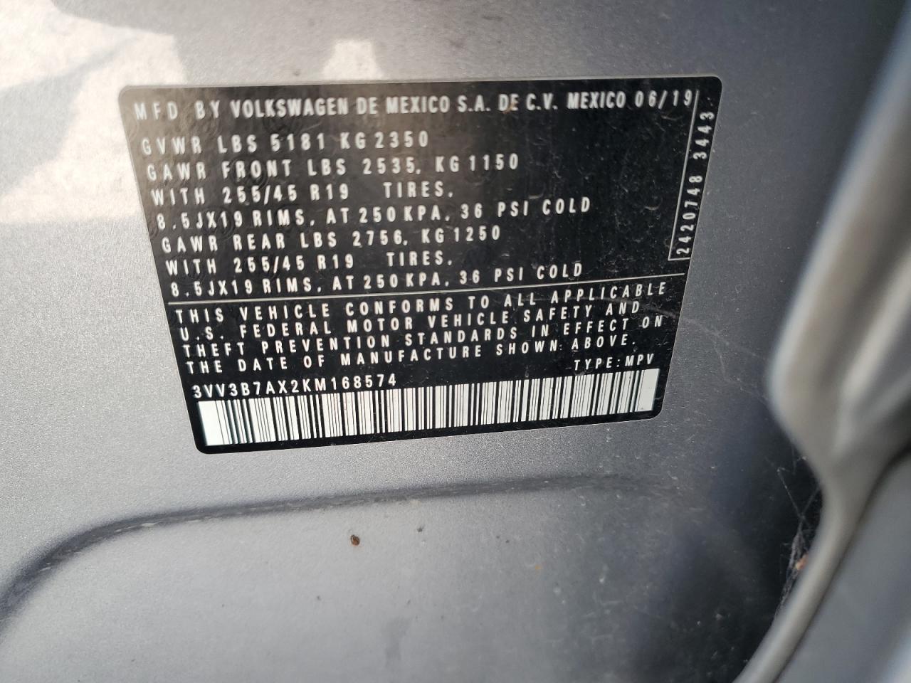 2019 Volkswagen Tiguan Se VIN: 3VV3B7AX2KM168574 Lot: 80162005