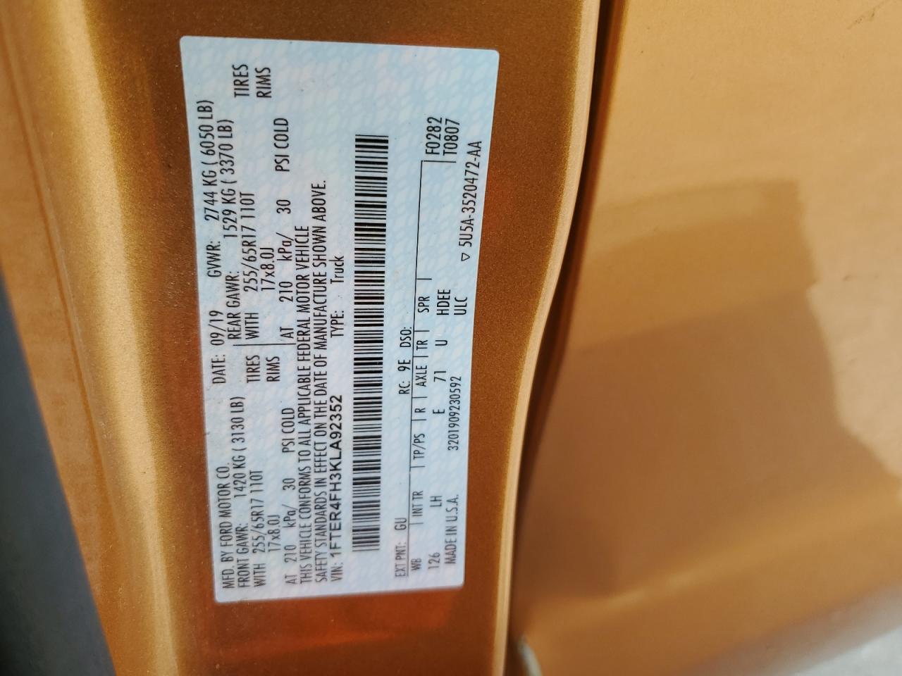 2019 Ford Ranger Xl VIN: 1FTER4FH3KLA92352 Lot: 71581765