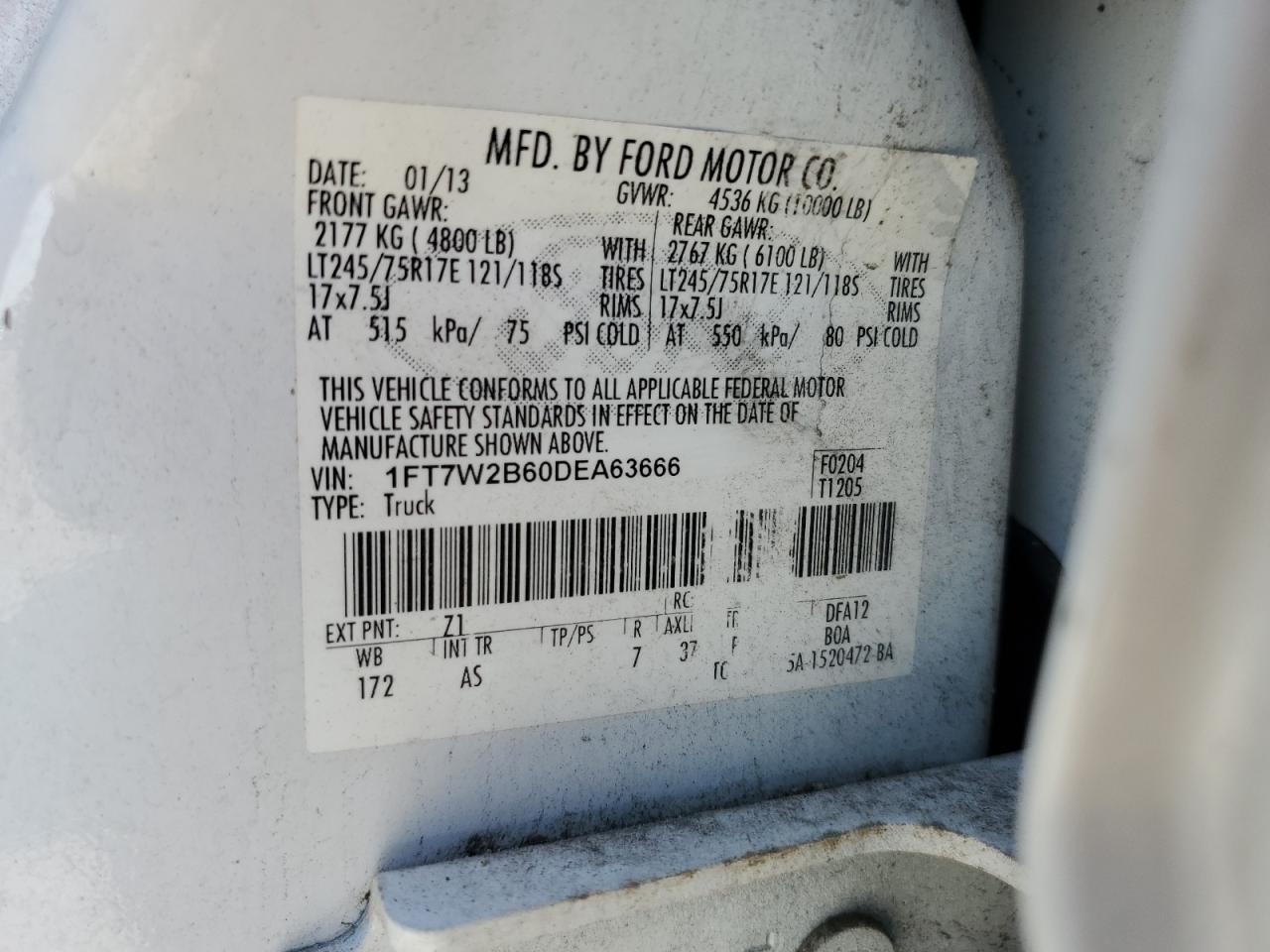 2013 Ford F250 Super Duty VIN: 1FT7W2B60DEA63666 Lot: 80345255