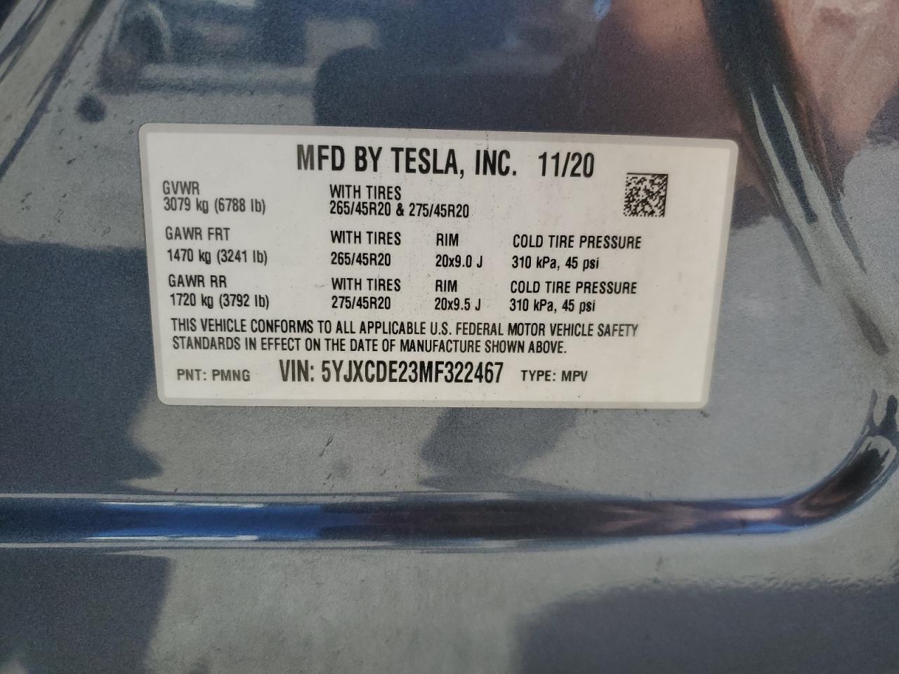 2021 Tesla Model X VIN: 5YJXCDE23MF322467 Lot: 84558005