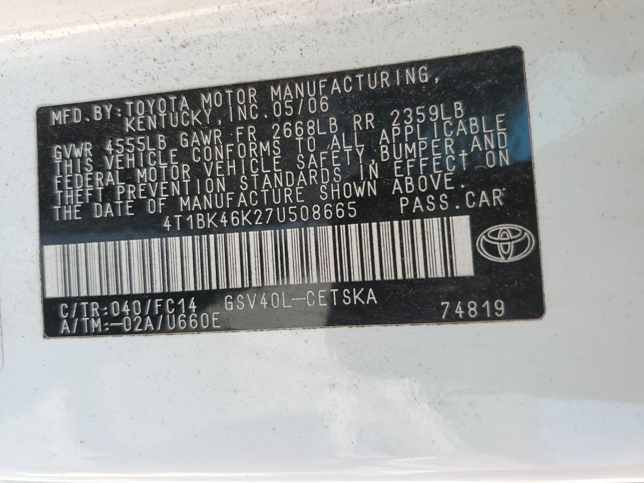 2007 Toyota Camry Le VIN: 4T1BK46K27U508665 Lot: 70285875