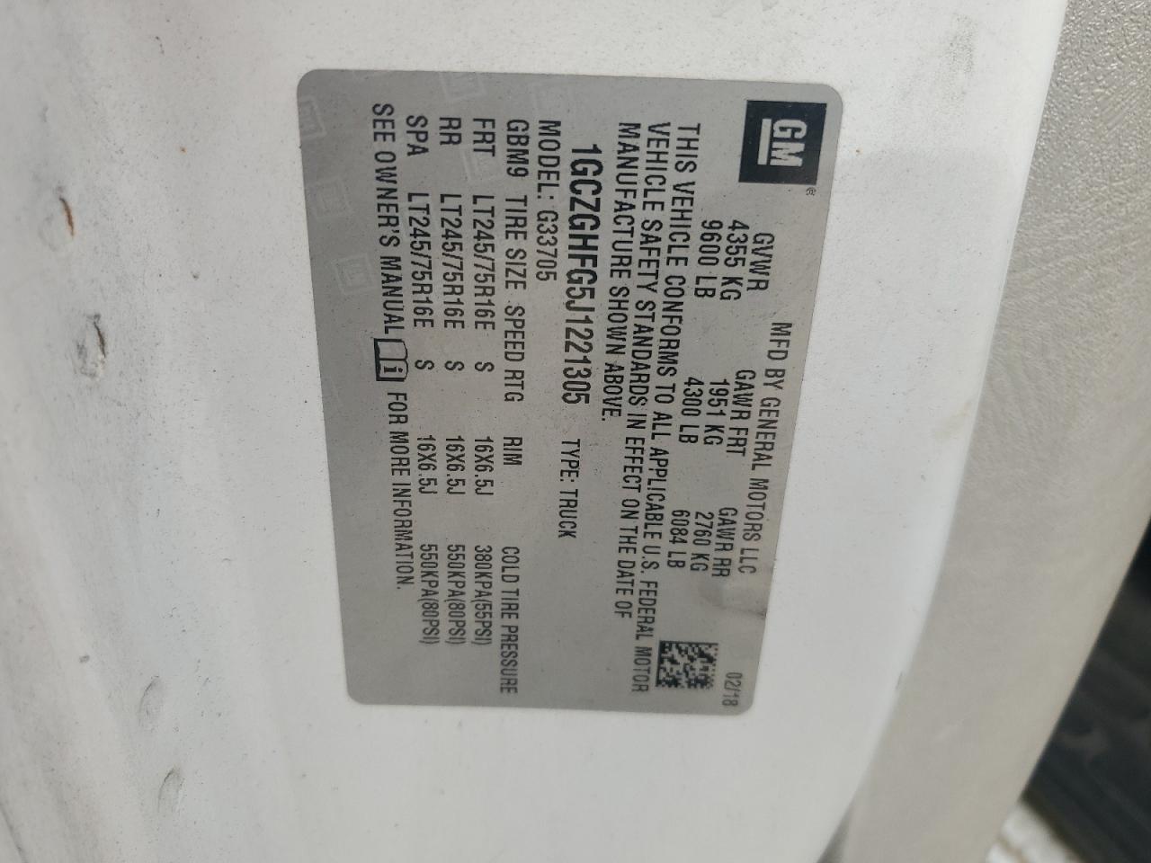 2018 Chevrolet Express G3 - Delivery Van VIN: 1GCZGHFG5J1221305 Lot: 87352605