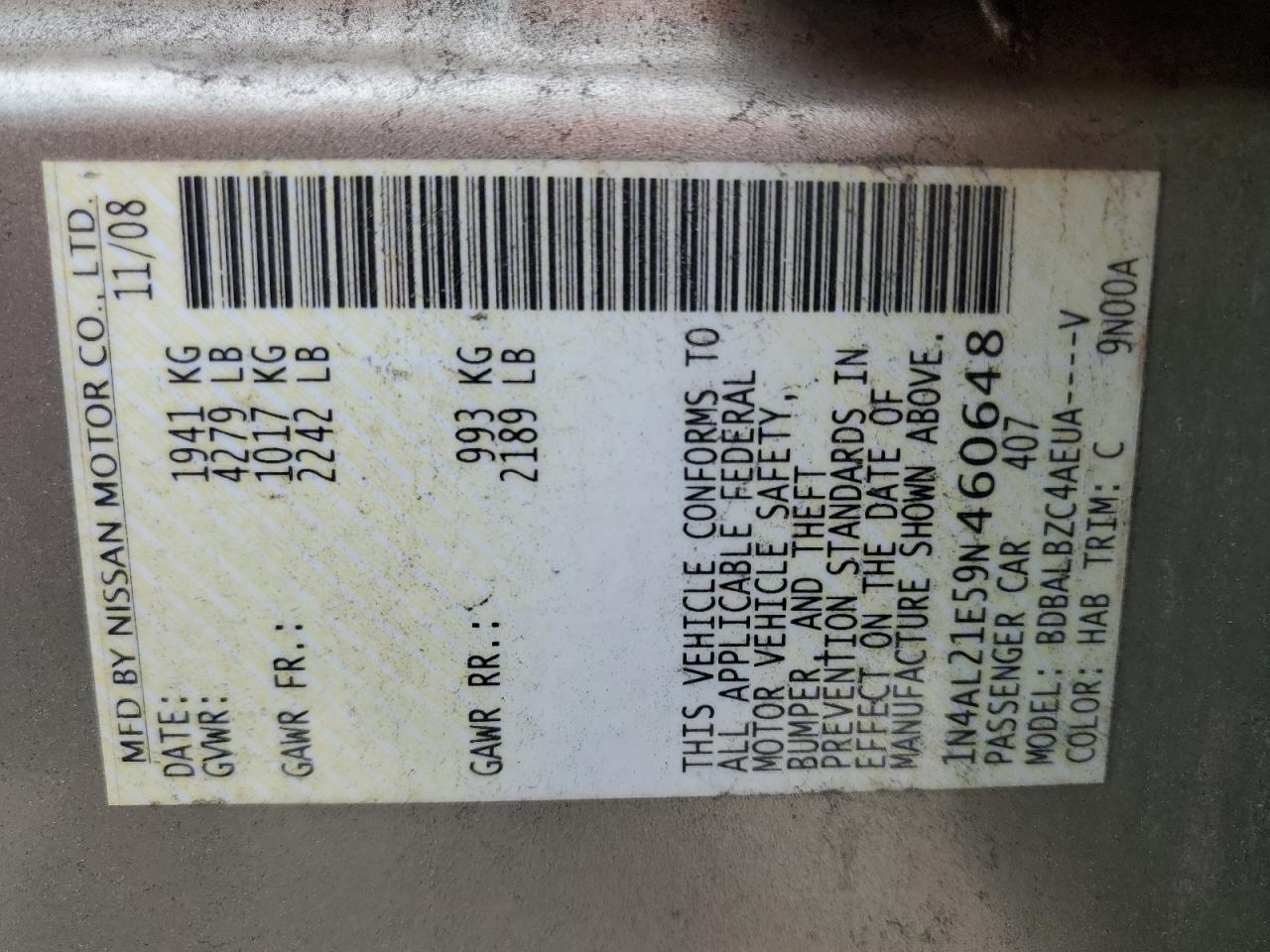 2009 Nissan Altima 2.5 VIN: 1N4AL21E59N460648 Lot: 83872555