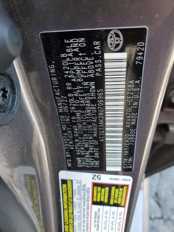 2022 Toyota Camry Se VIN: 4T1G11AK2NU706965 Lot: 80726025