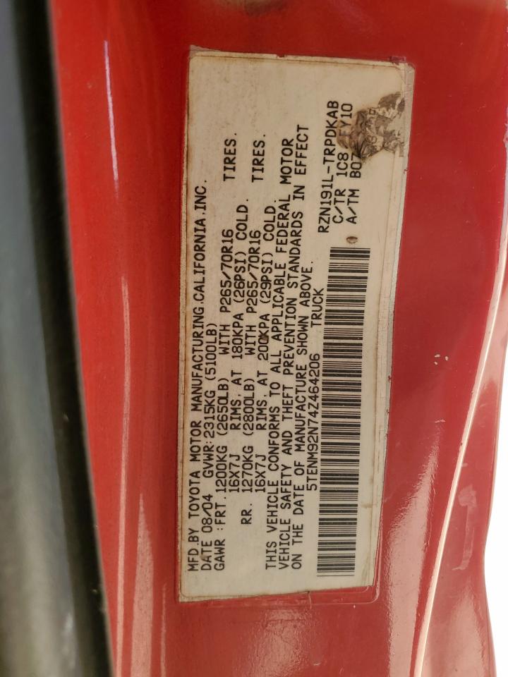 2004 Toyota Tacoma Prerunner VIN: 5TENM92N74Z464206 Lot: 84038115