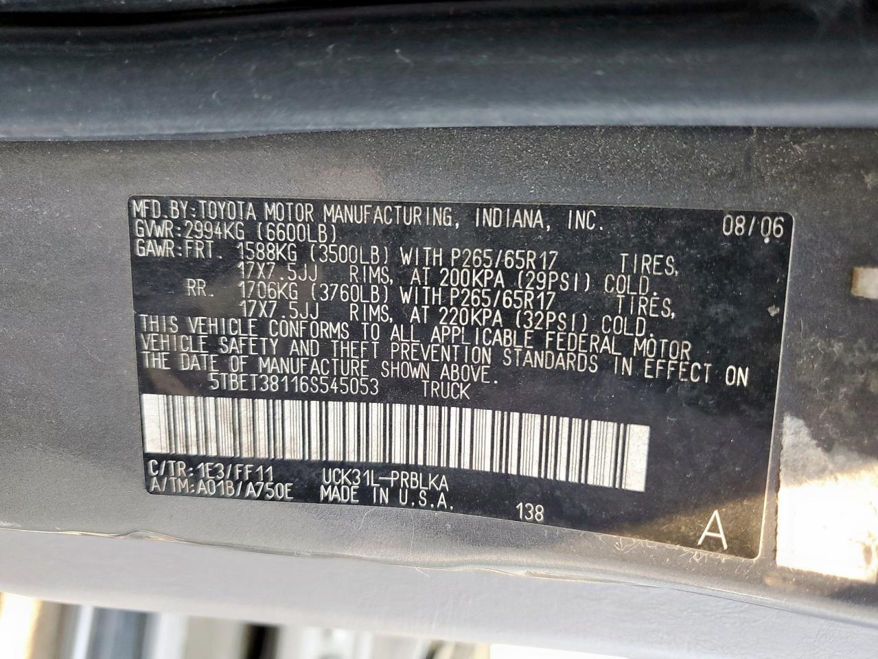 2006 Toyota Tundra Double Cab Limited VIN: 5TBET38116S545053 Lot: 71810405