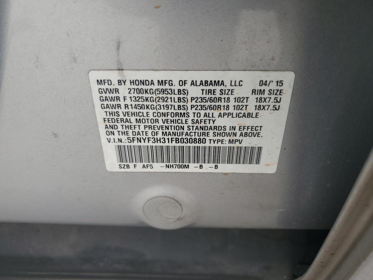 2015 Honda Pilot Se VIN: 5FNYF3H31FB030880 Lot: 84153405