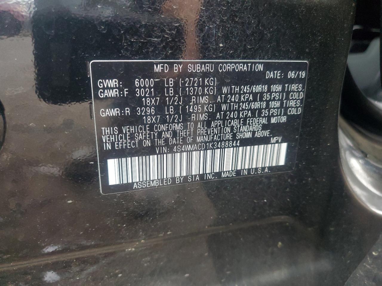 2019 Subaru Ascent Premium VIN: 4S4WMACD1K3488844 Lot: 84805235