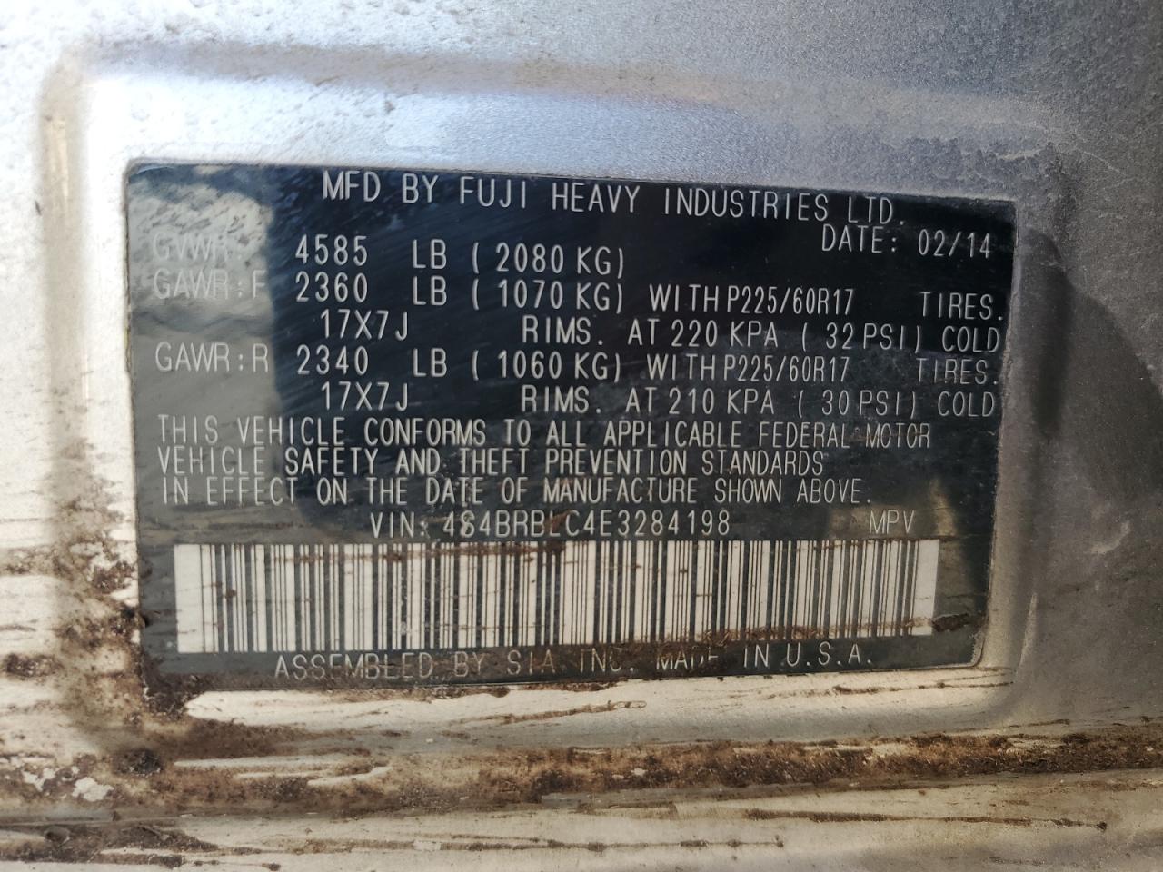 2014 Subaru Outback 2.5I Limited VIN: 4S4BRBLC4E3284198 Lot: 72074995