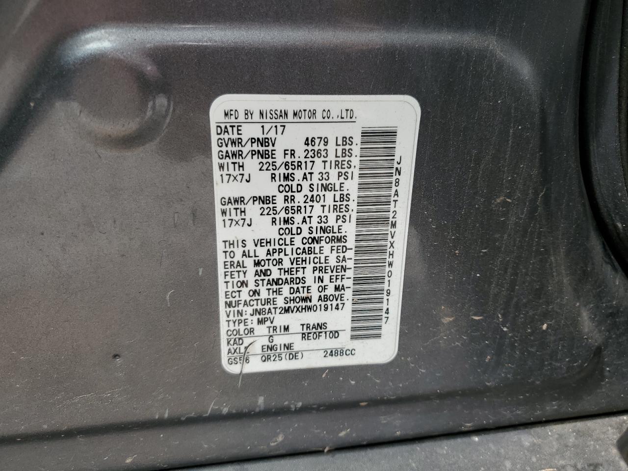 2017 Nissan Rogue S VIN: JN8AT2MVXHW019147 Lot: 71411395