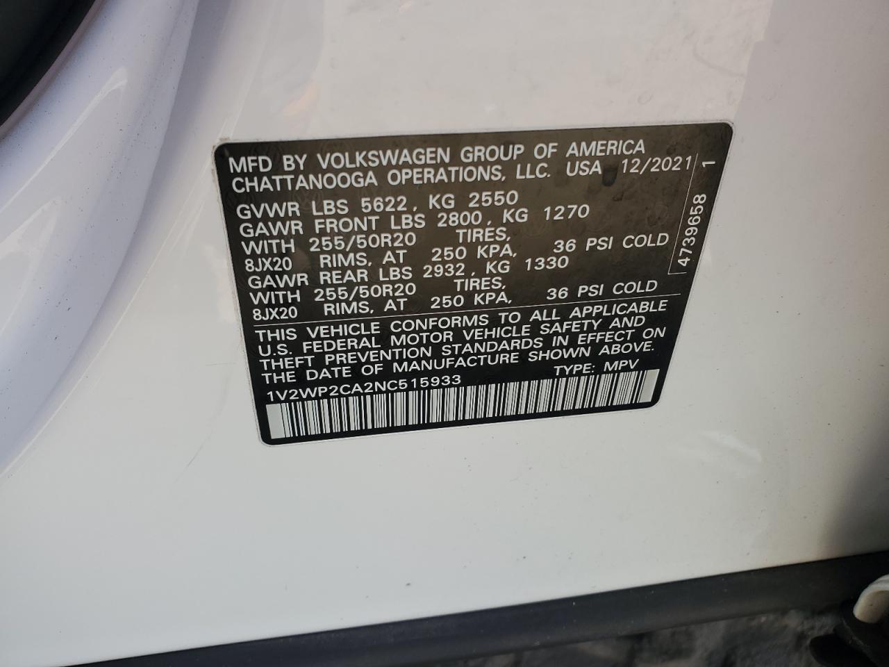 2022 Volkswagen Atlas Se VIN: 1V2WP2CA2NC515933 Lot: 81008455