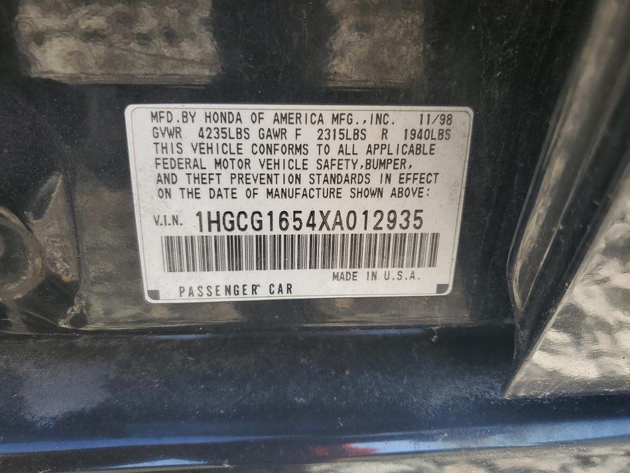 1999 Honda Accord Ex VIN: 1HGCG1654XA012935 Lot: 84449635