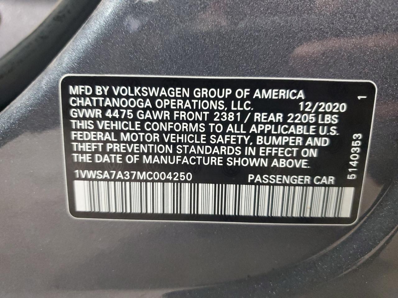 2021 Volkswagen Passat Se VIN: 1VWSA7A37MC004250 Lot: 80514675