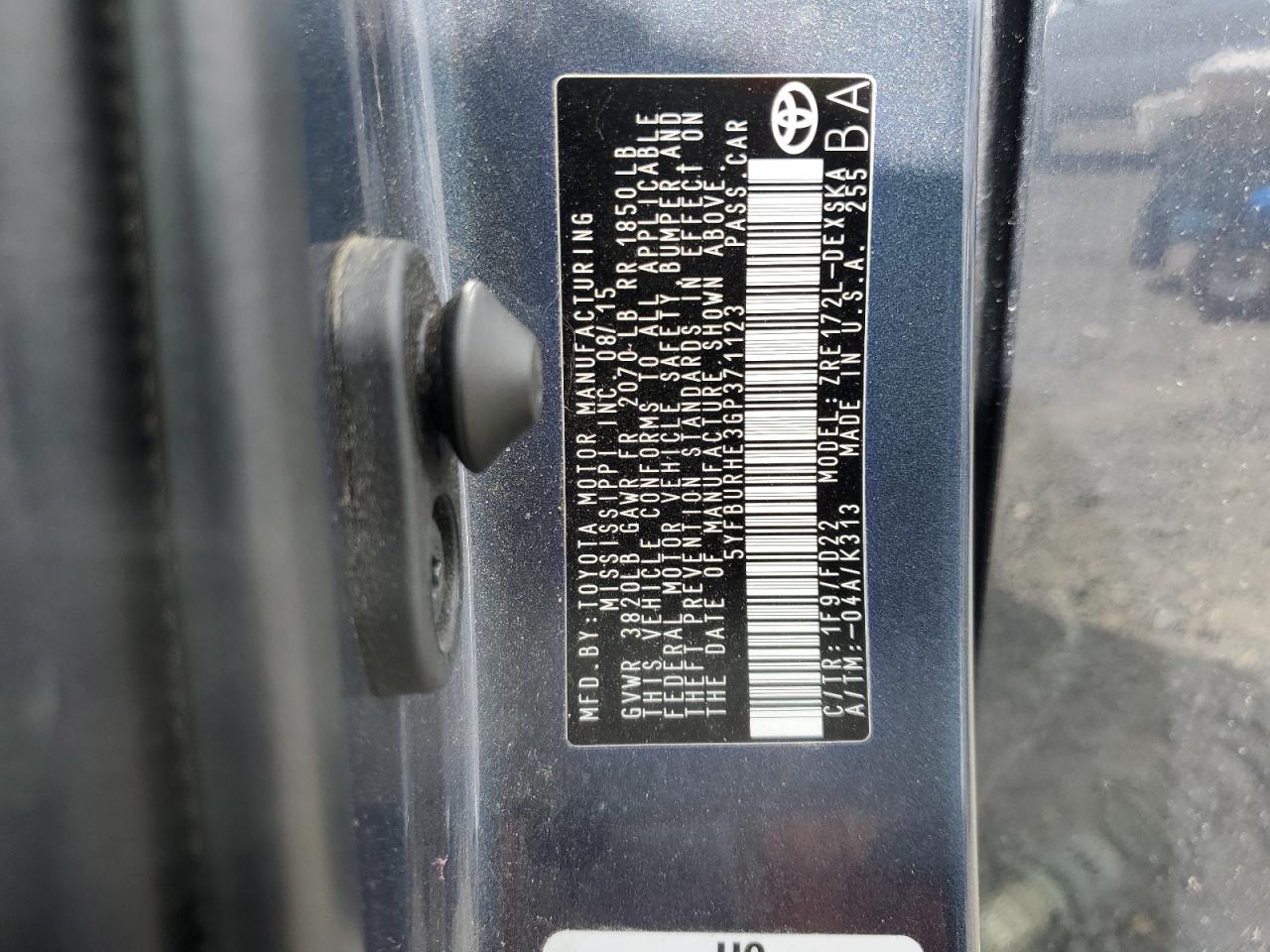 2016 Toyota Corolla L VIN: 5YFBURHE3GP371123 Lot: 81783025