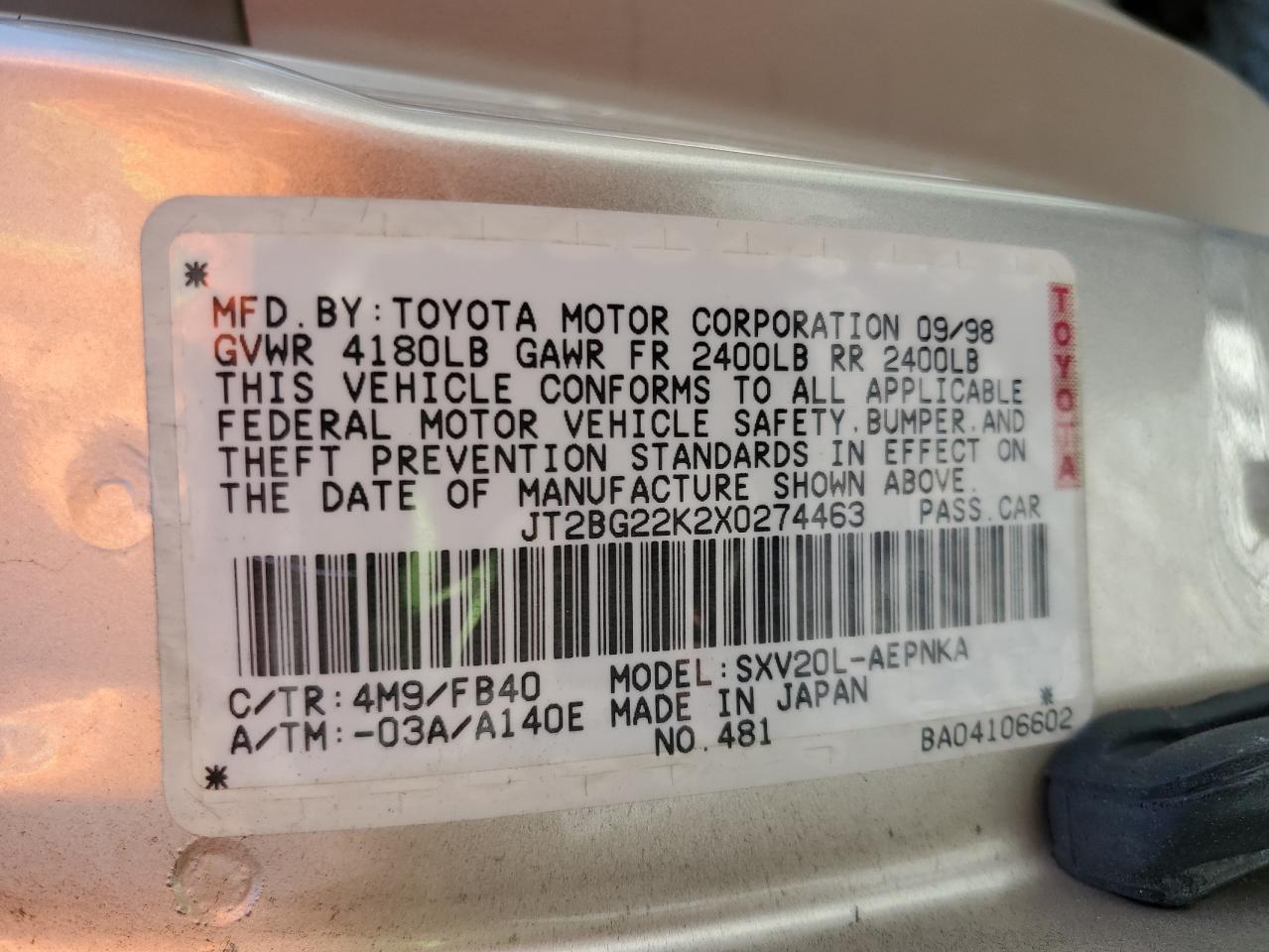 1999 Toyota Camry Le VIN: JT2BG22K2X0274463 Lot: 81400995