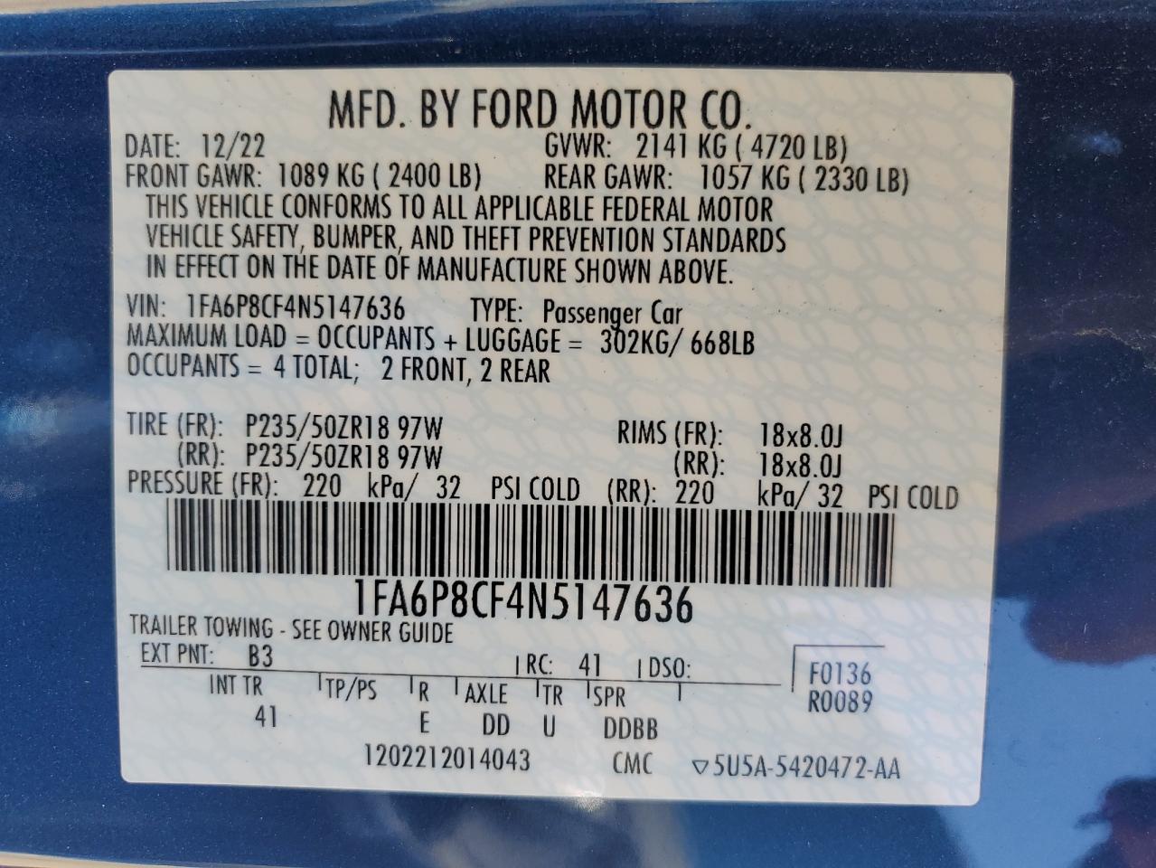 2022 Ford Mustang Gt VIN: 1FA6P8CF4N5147636 Lot: 71217455