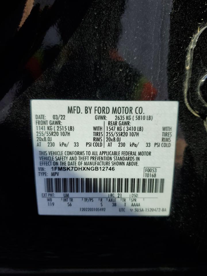 2022 Ford Explorer Xlt VIN: 1FMSK7DHXNGB12746 Lot: 89430685
