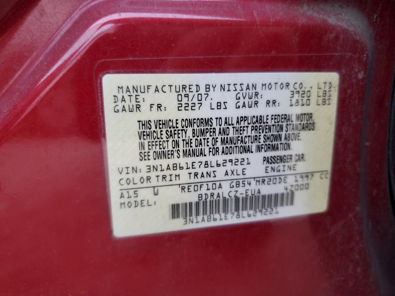 2008 Nissan Sentra 2.0 VIN: 3N1AB61E78L629221 Lot: 81541915