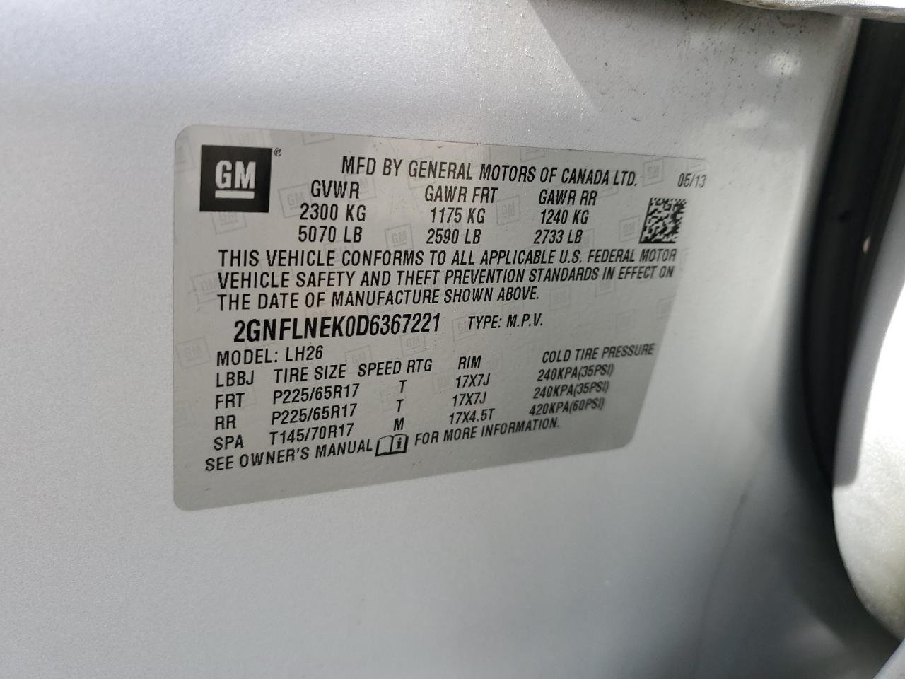 2013 Chevrolet Equinox Lt VIN: 2GNFLNEK0D6367221 Lot: 84058005