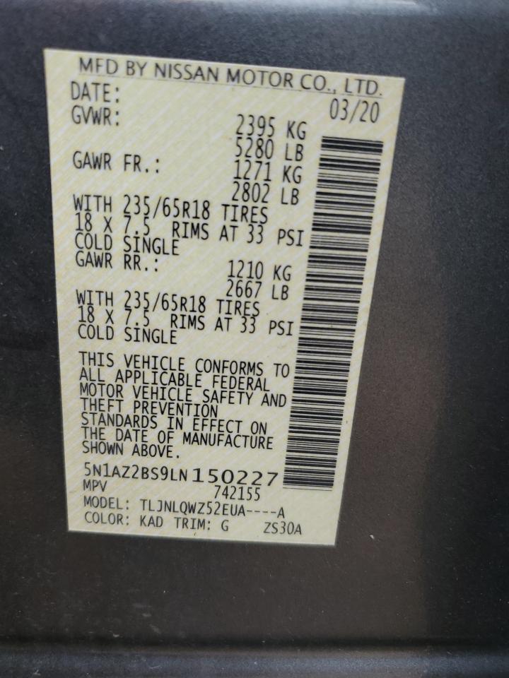 2020 Nissan Murano Sv VIN: 5N1AZ2BS9LN150227 Lot: 84616435