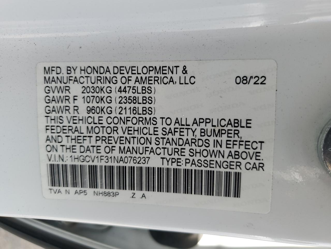 2022 Honda Accord Sport VIN: 1HGCV1F31NA076237 Lot: 81519065