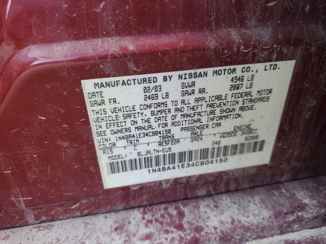 2004 Niss Maxima VIN: 1N4BA41E34C804150 Lot: 81709545