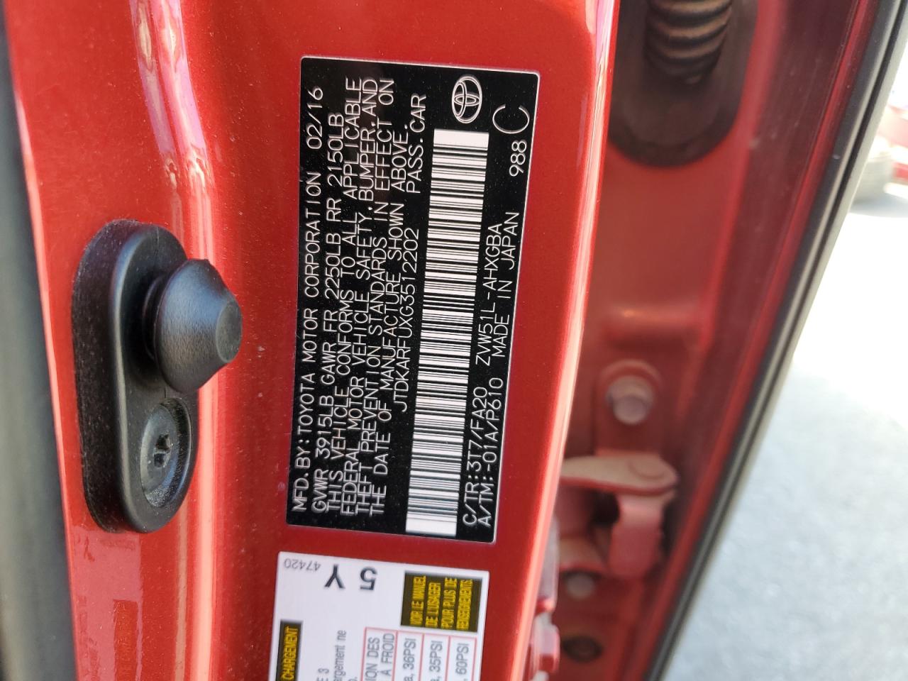 2016 Toyota Prius VIN: JTDKARFUXG3512202 Lot: 80697385