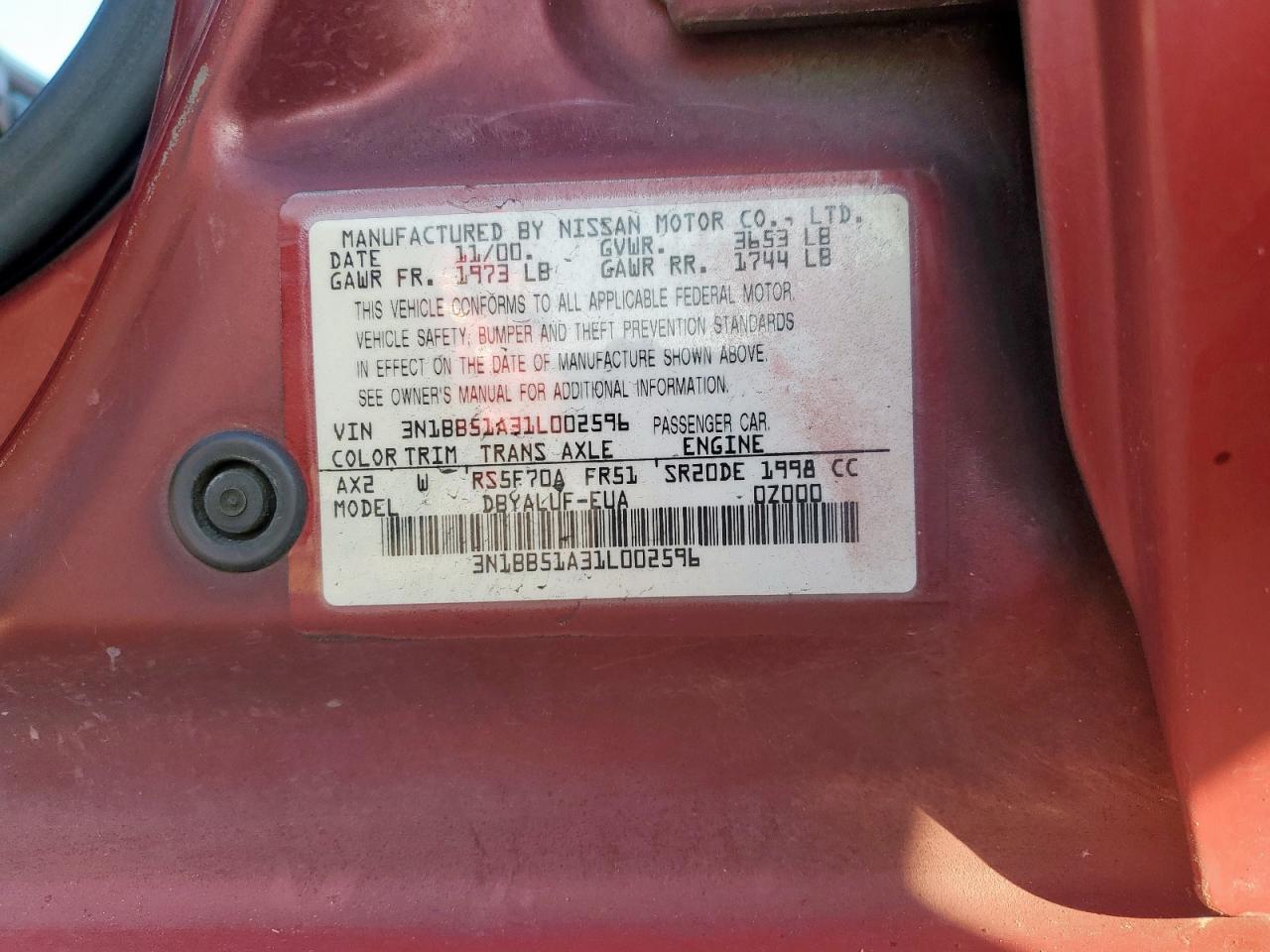 2001 Nissan Sentra Se VIN: 3N1BB51A31L002596 Lot: 80200605