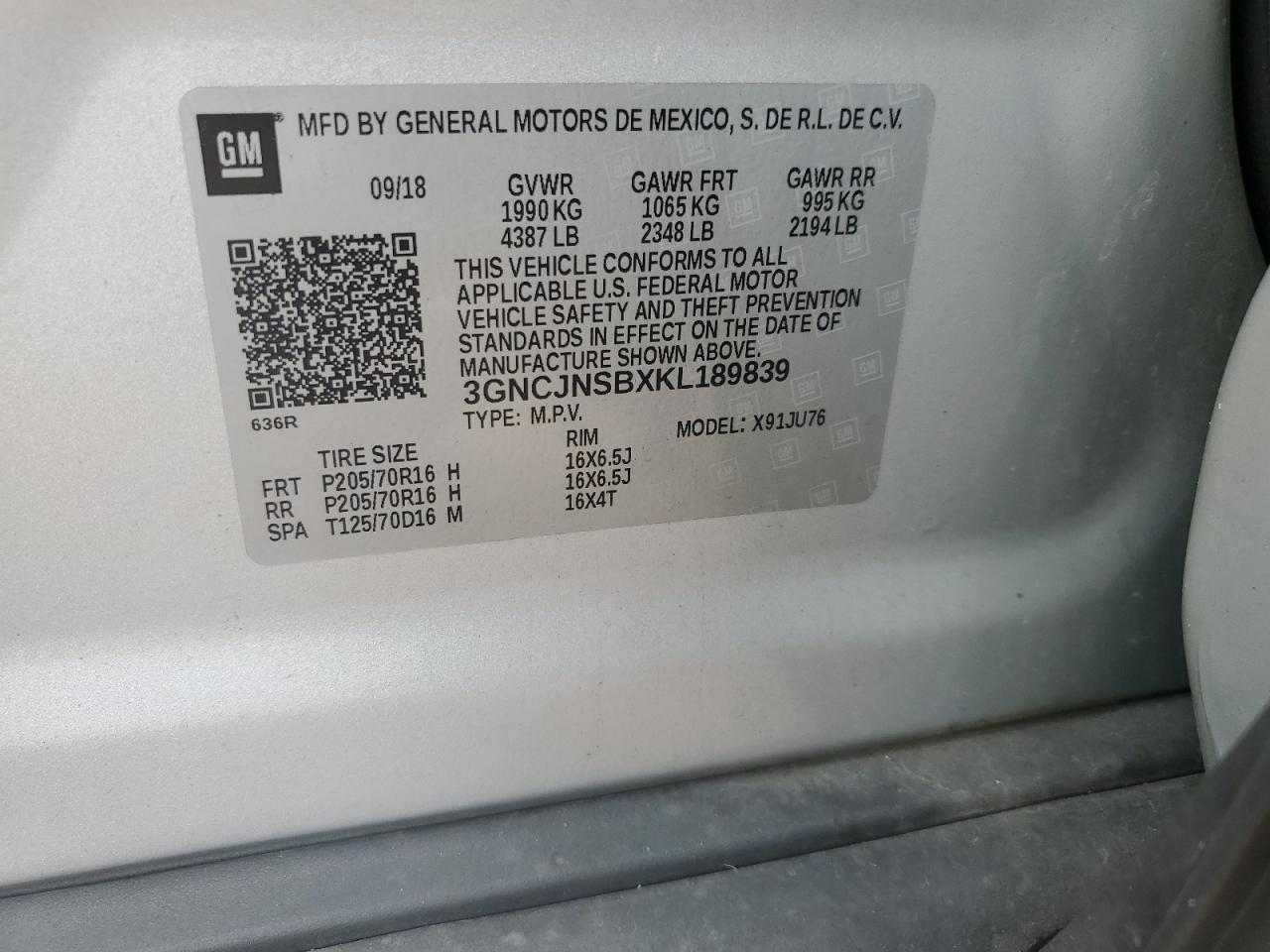 2019 Chevrolet Trax Ls VIN: 3GNCJNSBXKL189839 Lot: 82023415