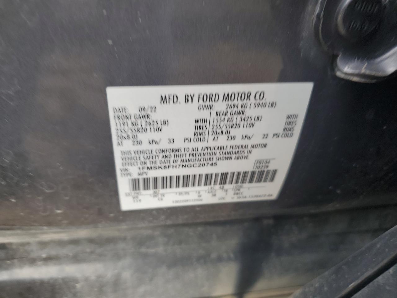 2022 Ford Explorer Limited VIN: 1FMSK8FH7NGC20745 Lot: 83767305