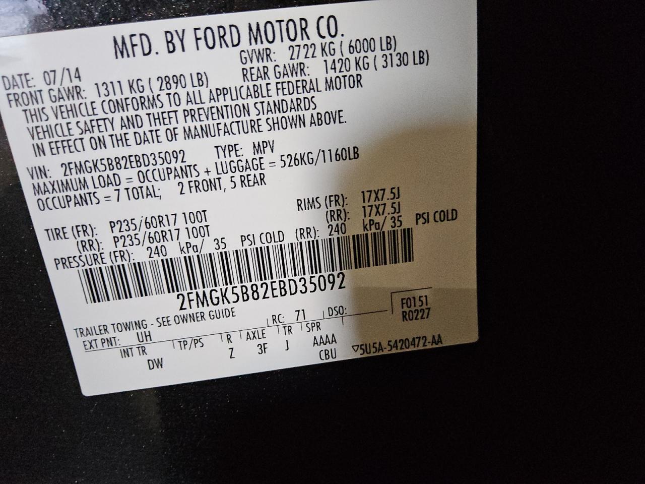 2014 Ford Flex Se VIN: 2FMGK5B82EBD35092 Lot: 70927915