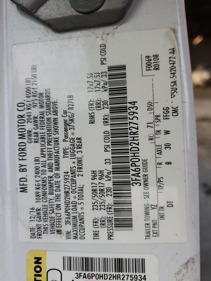 2017 Ford Fusion Se VIN: 3FA6P0HD2HR275934 Lot: 82150625