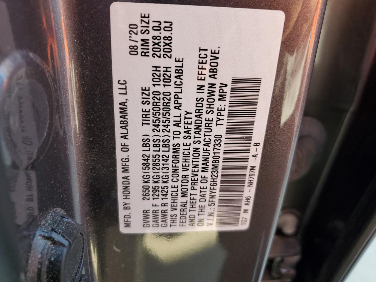 2021 Honda Pilot Se VIN: 5FNYF6H23MB017330 Lot: 80942925