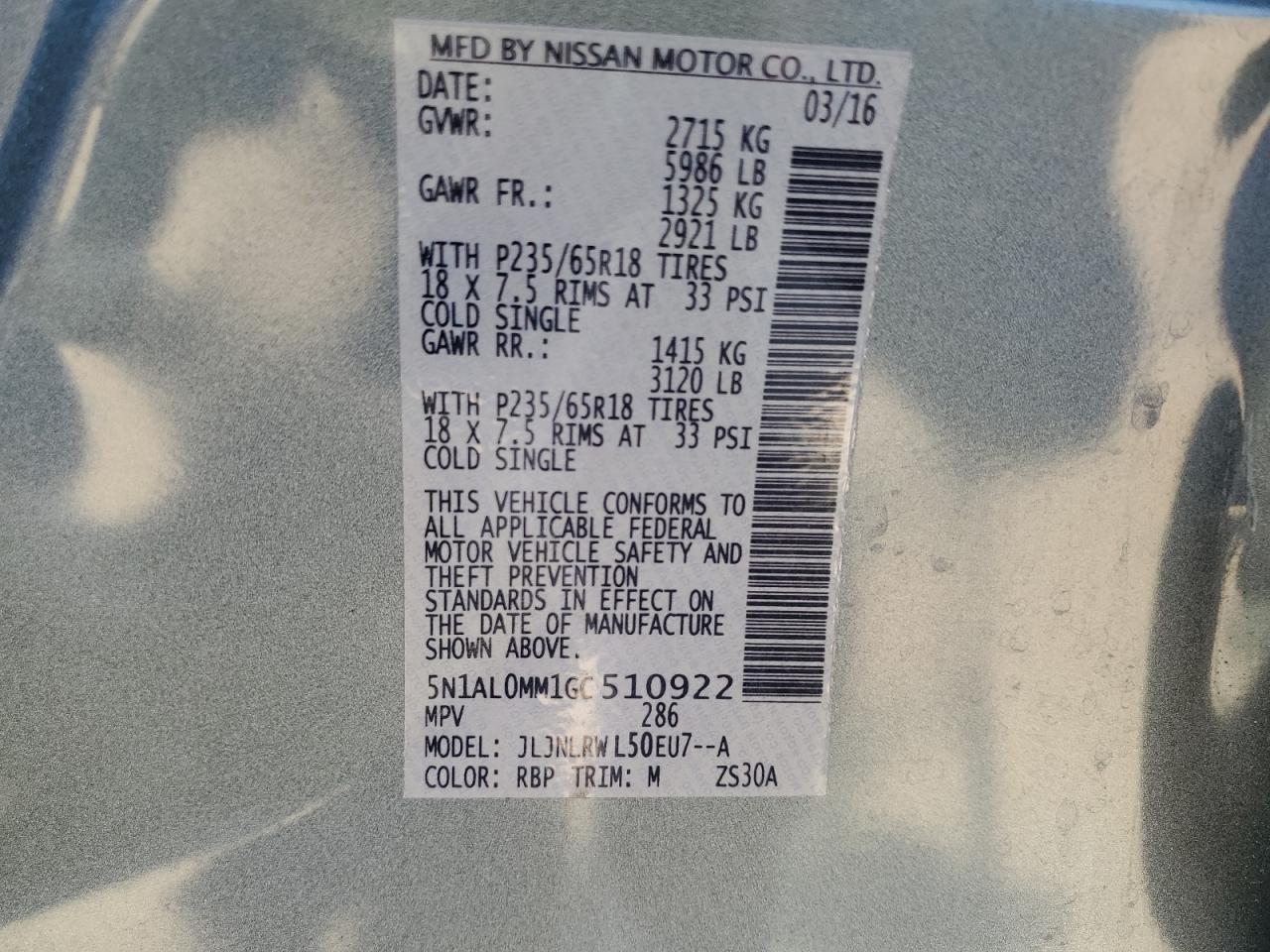 2016 Infiniti Qx60 VIN: 5N1AL0MM1GC510922 Lot: 81029695